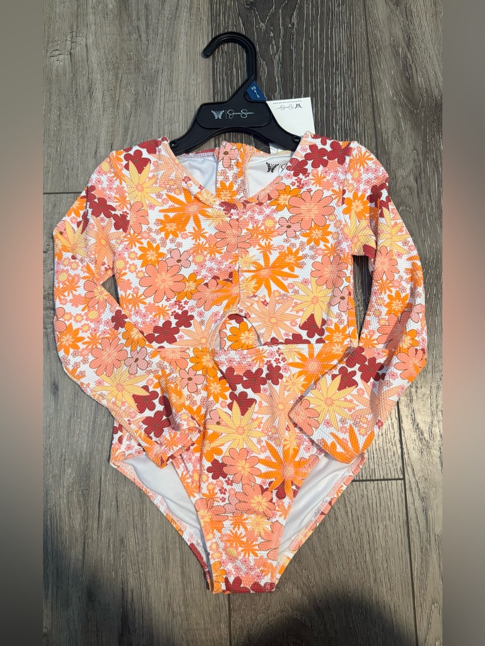 NWT Jessica Simpson Kids Long-Sleeve Floral One-Piece Swimsuit - Orange Multi